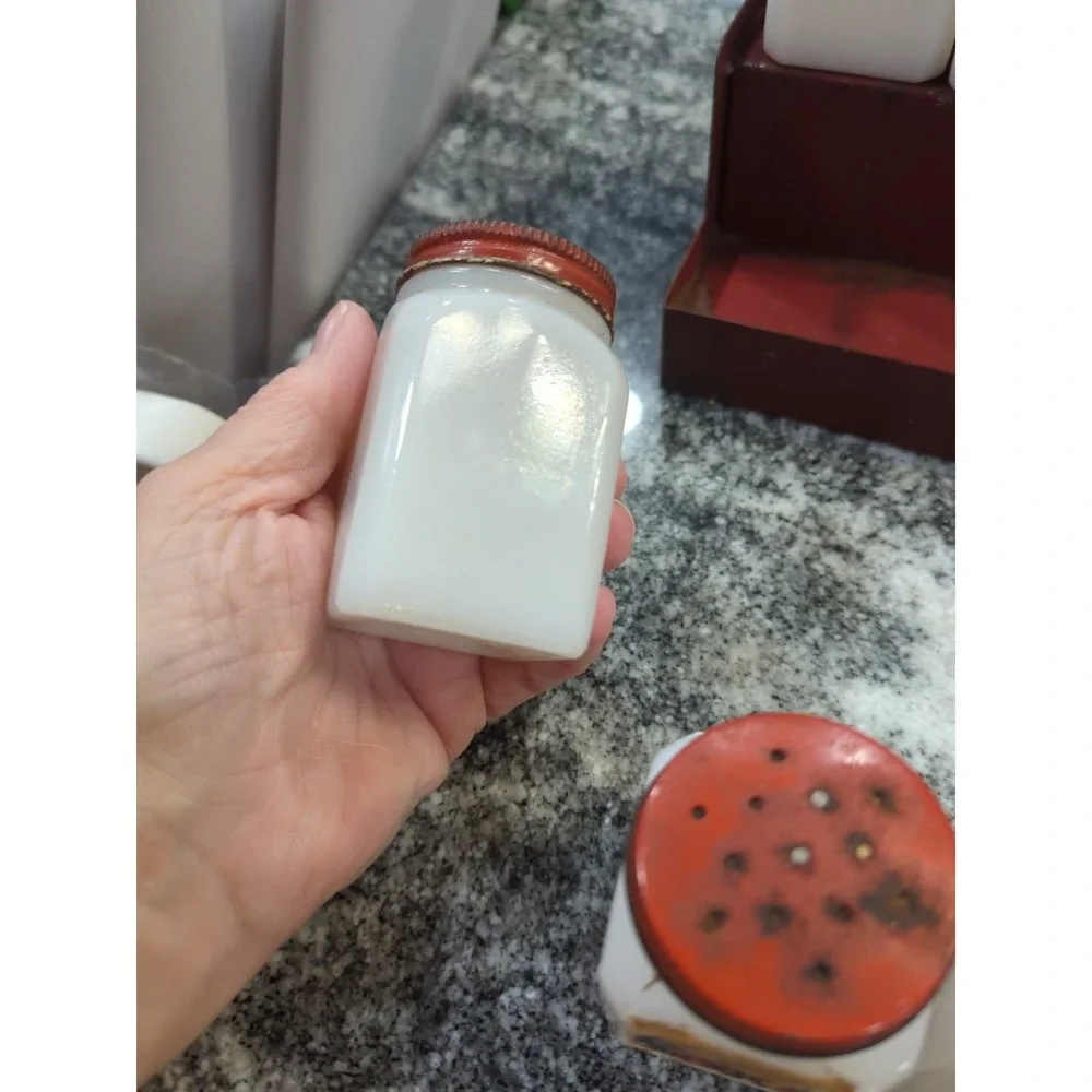 Vintage McKee Cornucopia Milk Glass Jar Spice Set With Rack